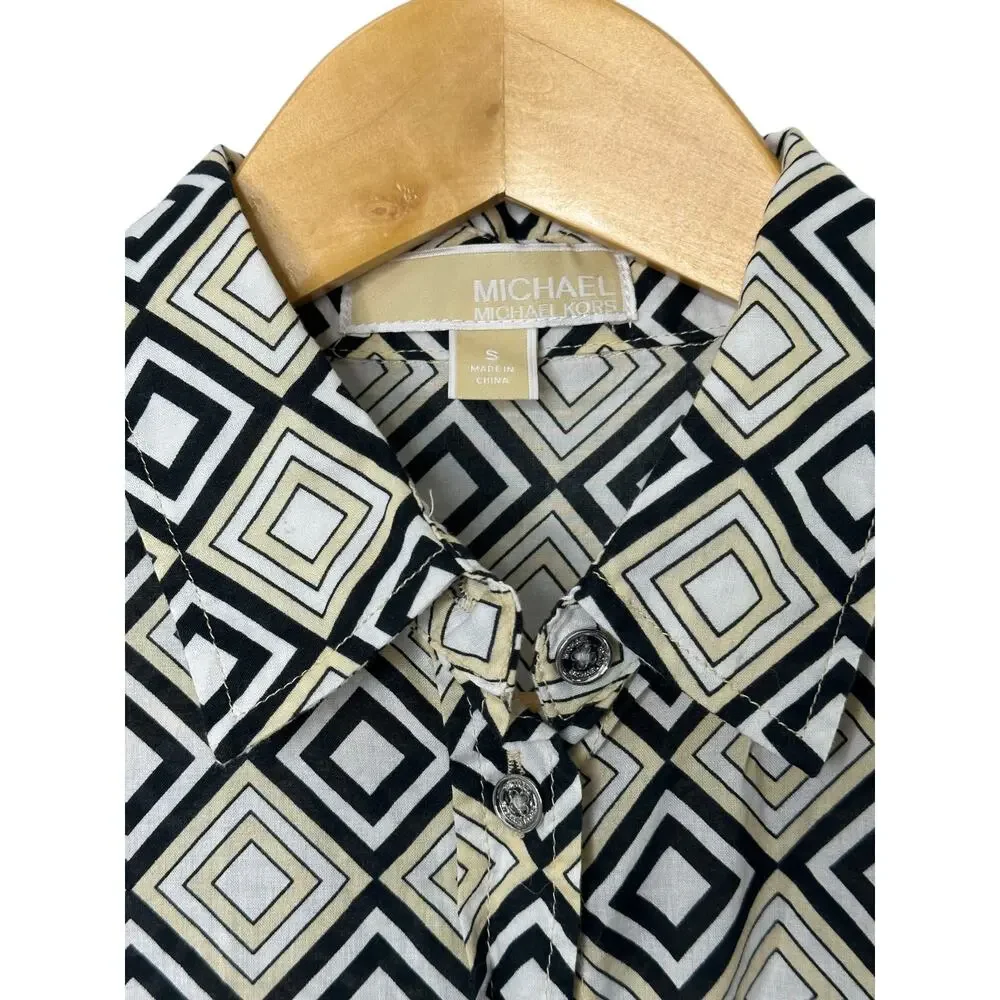 Michael Kors Black & Tan Geometric Print Retro Look Button-Up Shirt Womens Small